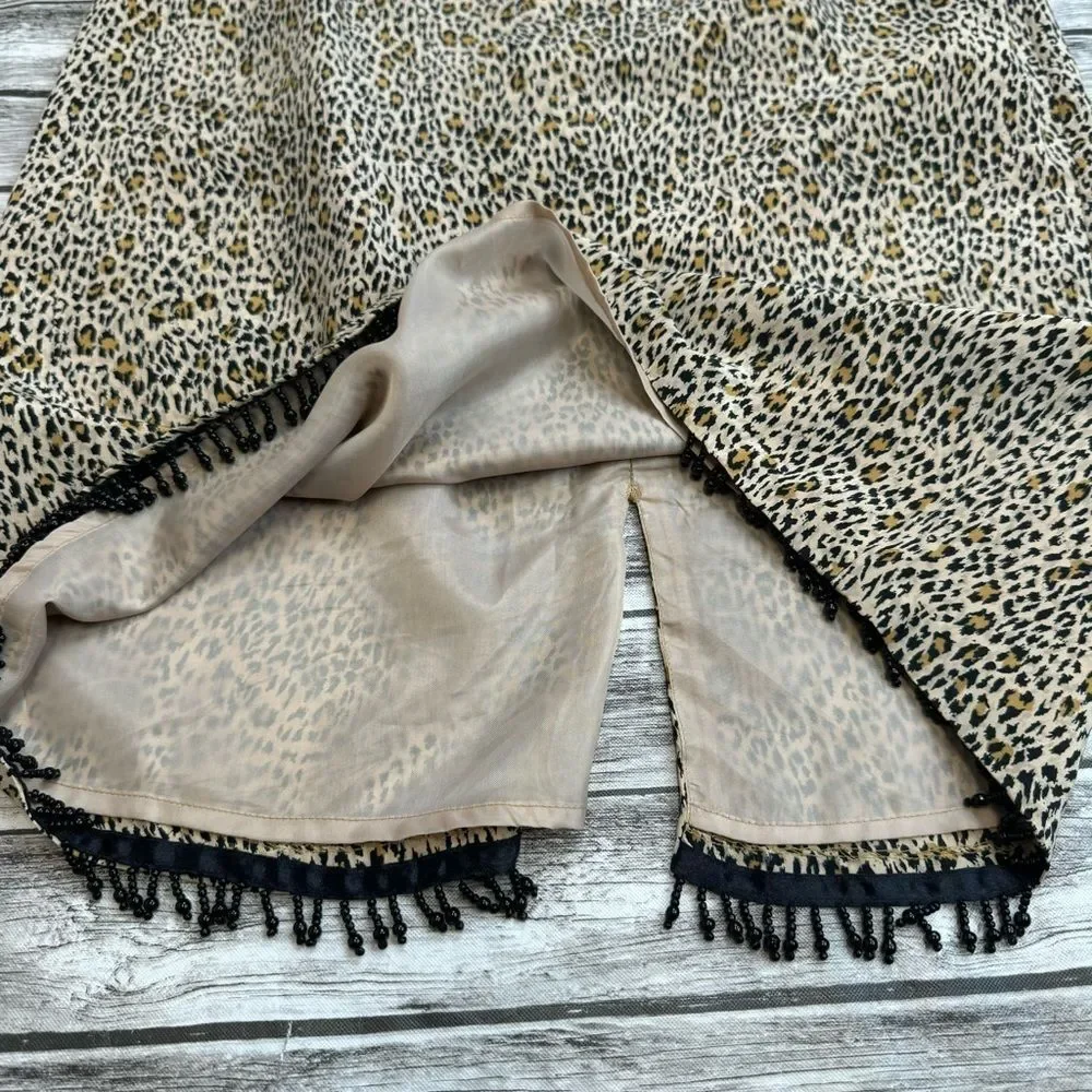 Allison Taylor Petite Silk Leopard Pencil Skirt Beaded Fringe Women’s 8P